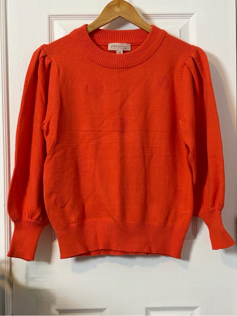 Philosophy Bright Orange Puff Sleeve Dot-Texture Sweater